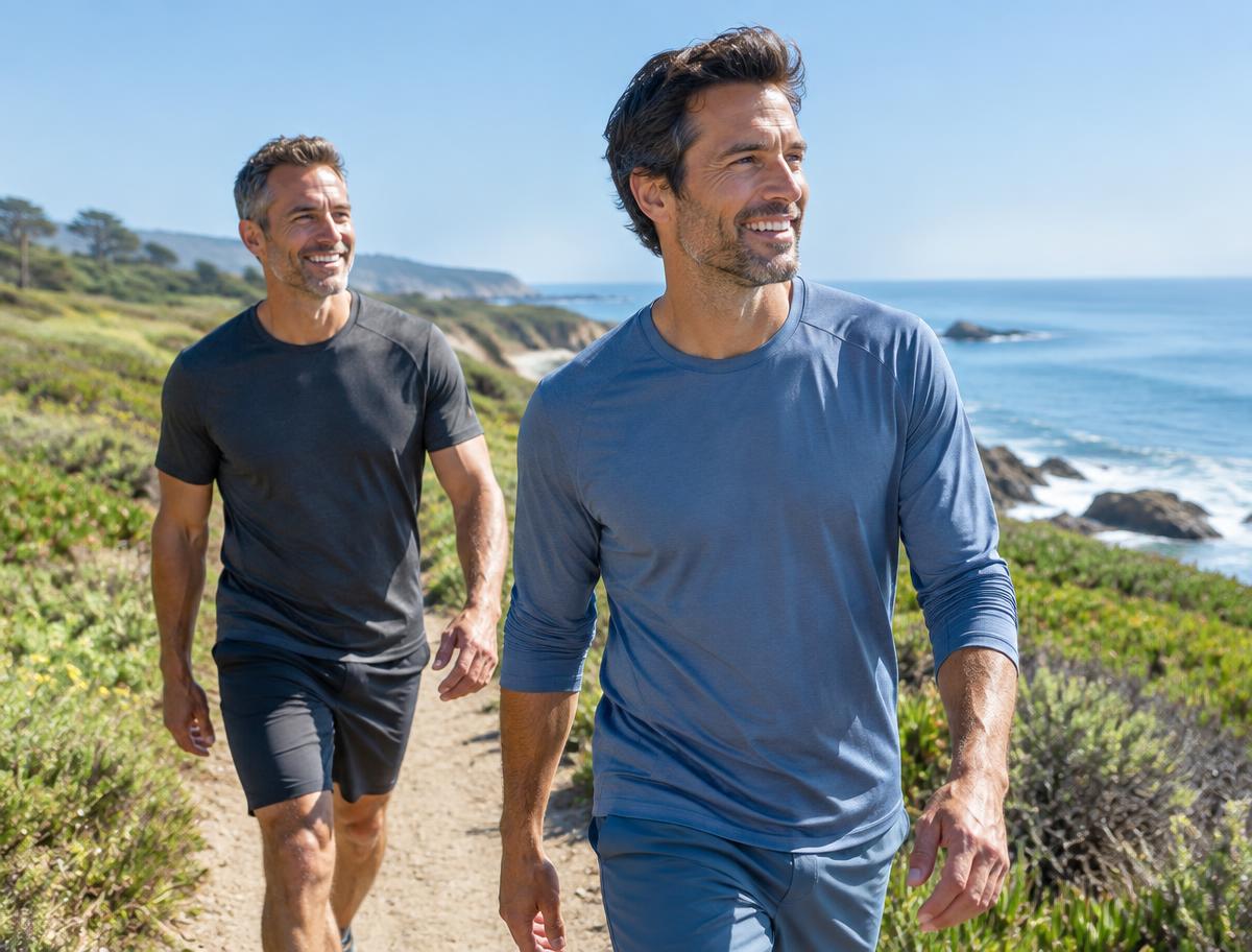 Two men walking outdoors on a coastal trail